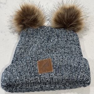 Kids Double Pom Beanie - Gray & Blue Winter Hat